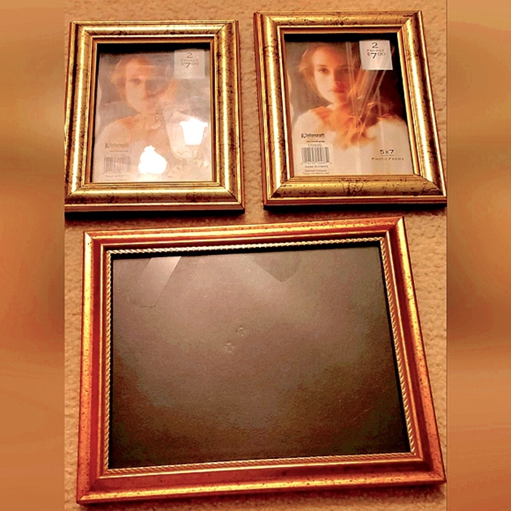 Three (3) Gold Picture Frames (1) @ 8"x10" & (2) @ 5"x7"